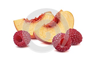 Double peach slice raspberry isolated on white background