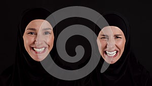 Double portrait of emotional young muslim woman wearing traditional hijab, laughing and shouting hysterically to camera