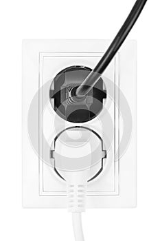 Double power European electric plug isolated on a white. Black electric cord plugged into a white electricity socket on white