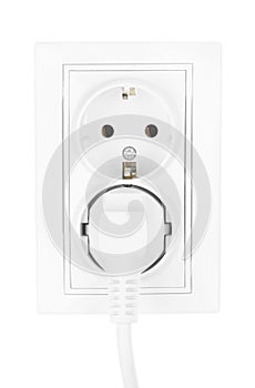 Double power European electric plug isolated on a white. electric cord plugged into a white electricity socket on white background