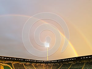 Double rainbow above the soccer stadium of ADO Den Haag in the Netherlands