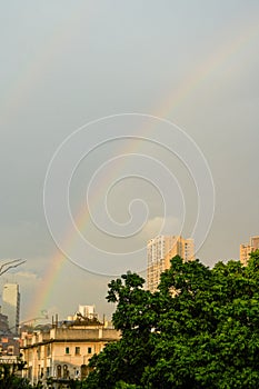 A double rainbow appeared over the city after the rain