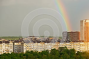 Double rainbow over city after the rain.