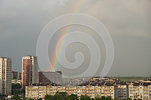 Double rainbow over city after the rain.