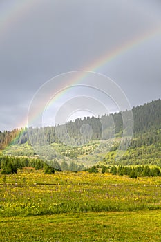 Double rainbow over meadow and forest
