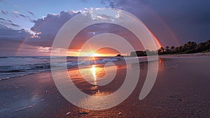 A double rainbow over the ocean at sunset on a beach, AI