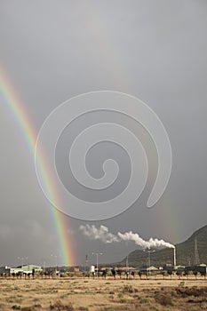 Double rainbow rising over an industrial area