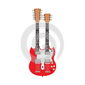 Double red electric guitar vector illustration rock instrument. Two flat design equipment bass. Isolated jazz song icon. Vintage