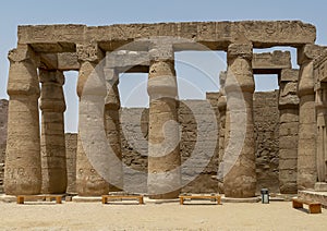 Double row of papyrus columns with bud capitals on the east side of the Amenhotep III Court in the Luxor Temple, Egypt.