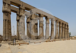 Double row of papyrus columns with bud capitals on the west side of the Amenhotep III Court in the Luxor Temple, Egypt.