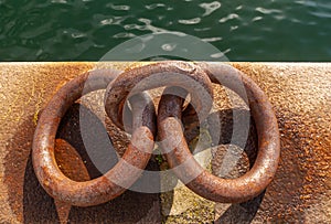 Double rusted metal rings to moor ships, Copenhagen, Denmark