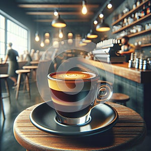 Double shot espresso doppio, blurred urban cafe background.. AI generated. photo