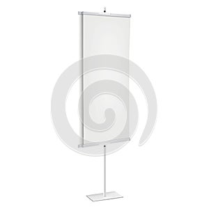 Double-sided banner stand mock-up. Vertical floor promotional display standee mockup. Blank white trade show poster holder