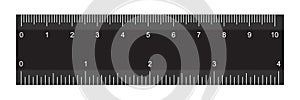 Double sided black ruler with scales to measure length, size in centimeters and inches