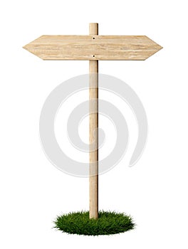 Double sided empty, blank wooden arrow signs on green grass patch with room for text, wooden board direction signs template
