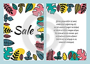Double sided flyer design for sale. The inscription in a frame decorated with leaves of different plants