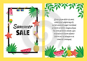 Double sided flyer design for Summer Sale. Inscription in the frame decorated with watermelon, pineapple, ice cream, glasses,