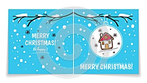 Double sided holiday card with Christmas balls on snowy branch. Illustration with gingerbread man. Winter background