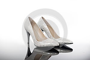 Double silver white pointed high heels shiny geometric shaped woman shoes
