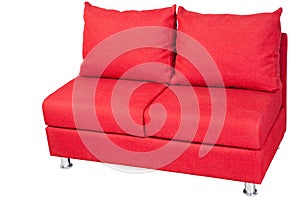 Double sofa upholstered in red fabric, isolated on white.