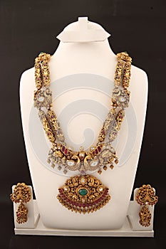 double strand Indian traditional gold necklace with peacock pendant