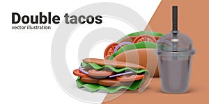 Double tacos. Promotional banner in realistic style. Two portions of hot fast food photo