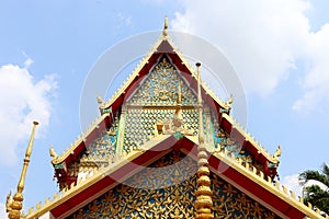 Double triangle shape of native Thai art church\'s gable and sky.