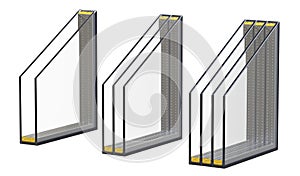 Double triple and quadruple windows insulated glazing. 3D render, isolated on white background.