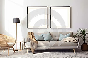 Double vertical picture frame with passe-partout mockup in modern interior, blank copyspace, light tones, artwork mock-up. photo