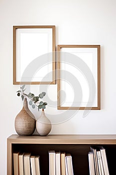 Double vertical picture frames with passe-partout mockup in modern minimalistic interior, blank copyspace, light tones, poster photo