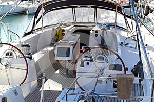 Double wheel sailboat stern deck area moored