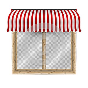 Double window frame, striped awning canopy. Vector illustration. Wooden window with transparent background behind glass