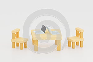 Double wooden chairs and table, Work from home Concept  ,3d illustration.