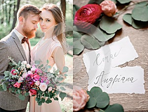 Doubled picture of attractive wedding couple and name cards