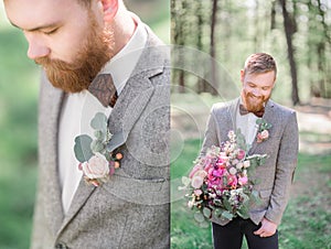 Doubled picture of handsome bearded groom