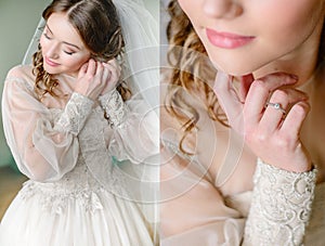 Doubled picture of old-fashioned bride with sweet pink lips