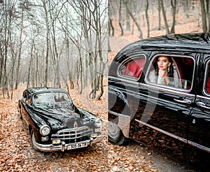 Doubled picture of retro car and bride sitting in it