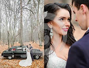 Doubled picture of wedding couple hugging before retro car