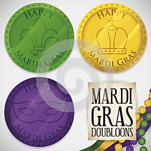 Doubloons, Flag, Necklaces and Scroll to Celebrate Mardi Gras Carnival, Vector Illustration