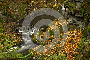 Doubrava river with color rock with moss in autumn day near Bilek village