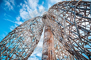 Doubravka lookout tower, view from bottom to the top. Wooden structure made of locust tree. At the edge of Prague. Nice