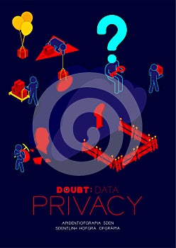 Doubt data privacy problem concept, man pictogram question mark head sitting, isometric cloud storage and barrier among hacker
