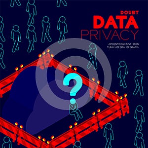 Doubt data privacy problem concept, man pictogram question mark head sitting, isometric cloud storage and barrier among people and