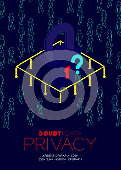 Doubt data privacy problem concept, man pictogram question mark head sitting, isometric Lock and pole traffic barrier among people