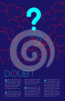 Doubt man and bicycle with Question mark icon pictogram blue and red, Social issues: Pollution PM 2.5 concept template layout