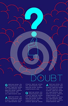 Doubt pregnant woman with Question mark icon pictogram blue and red, Social issues: Pollution PM 2.5 concept template layout