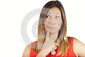 Doubt thinking female decision expression. Woman with finger on lips