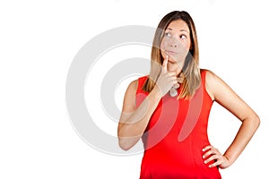 Doubt thinking female decision expression. Woman with finger on lips