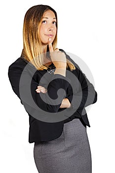 Doubt thinking female decision success expression. Woman with finger on lips