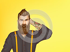 Doubtful hipster man cartoon vector portrait